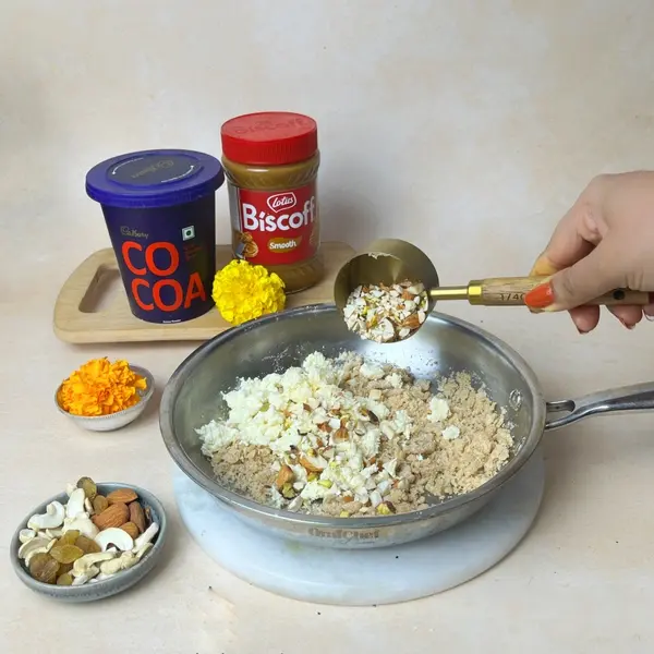 Diwali Special Pinni Recipe With Biscoff And Cadbury Cocoa Powder - Adding Khoya Dry Fruits