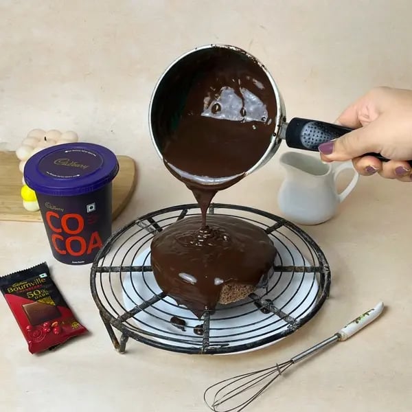 Easiest Bournville Mirror Glaze Cake - Pouring Glaze Over Cake