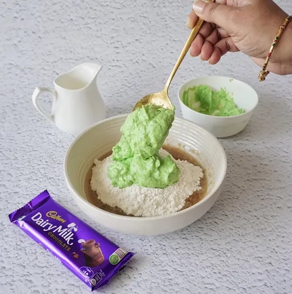 Eggless Avocado Muffins with Dairy Milk Chocolate-Add the blended avocado mixture