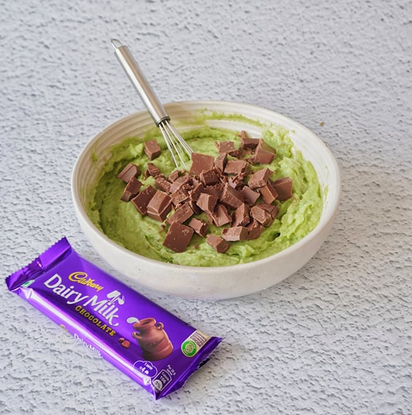 Eggless Avocado Muffins with Dairy Milk Chocolate-Fold in the Cadbury Dairy Milk pieces gently
