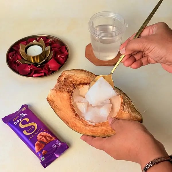 Elaneer Payasam With Cadbury Dairy Milk Silk Chocolate For Onam - Blending Coconut Flesh