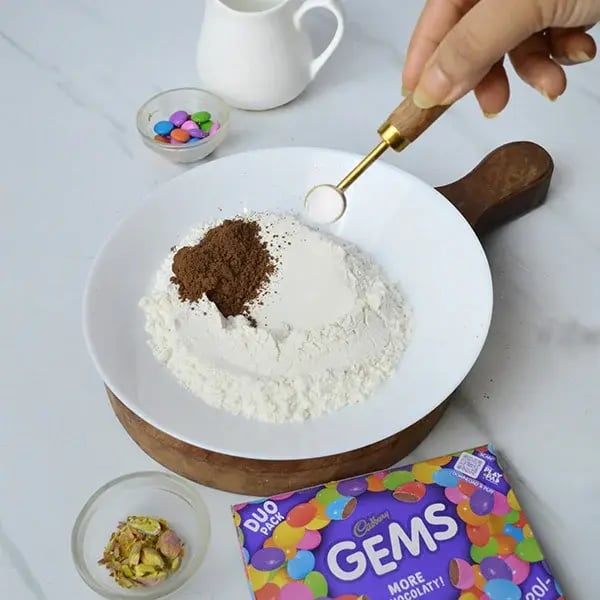 Gems Topping Pistachio Infused Chocolate Cupcakes - Mix maida, cocoa powder