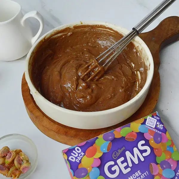 Gems Topping Pistachio Infused Chocolate Cupcakes - Keep mixing until you get a medium-tight batter