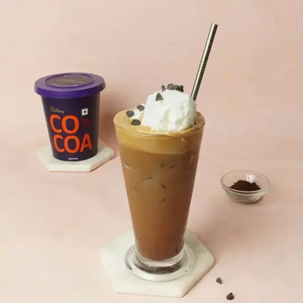 Homemade Chocolate Cocoa Iced Coffee - Garnish with some chocolate chips