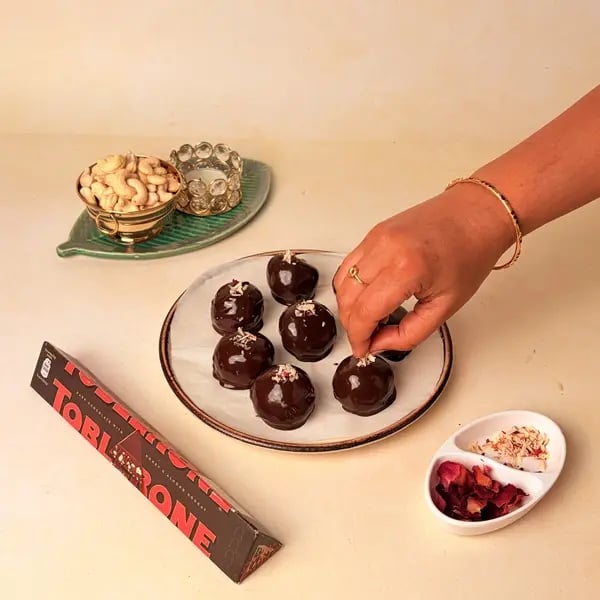 Kaju Barfi Chocolate Bonbons: A Diwali Mithai Fusion For Gifting - Sprinkling Almonds Rose Petals