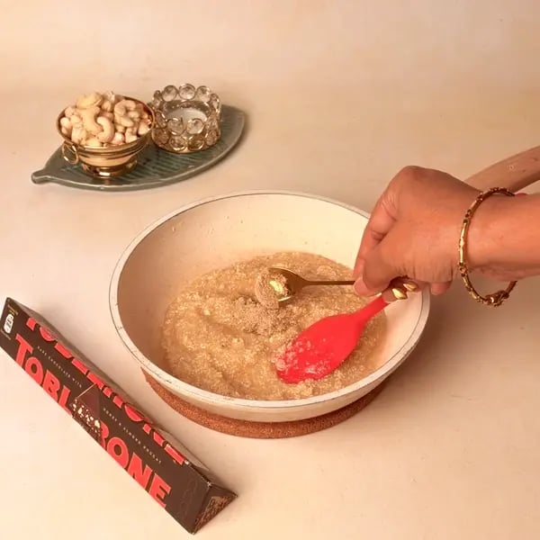 Kaju Barfi Chocolate Bonbons: A Diwali Mithai Fusion For Gifting - Stirring Cardamom Mixture