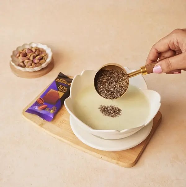 Kunafa Chocolate Chia Pudding with Bournville-Add the chia seeds