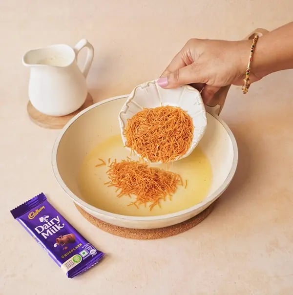 Kunafa Chocolate Dates with Cadbury Dairy Milk-In a pan heat ghee