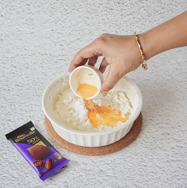 Mango Shrikhand with Bournville Chocolate chips-Soak saffron strands in warm milk