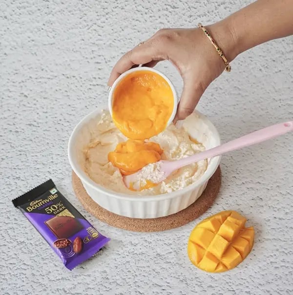 Mango Shrikhand with Bournville Chocolate chips-Fold in the mango puree