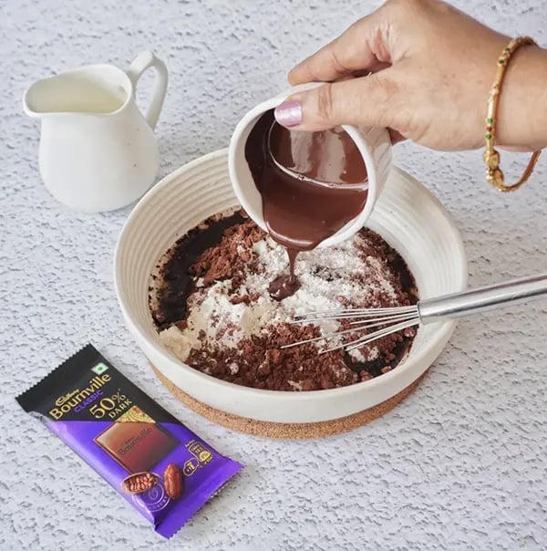 Mini Cream Brownies with Pistachio And Cadbury Bournville - In a mixing bowl, add all purpose flour