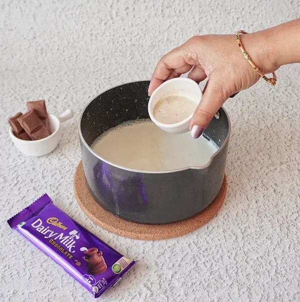 Mocha Hot Chocolate with Almonds & Dry Fruits - Heat the milk