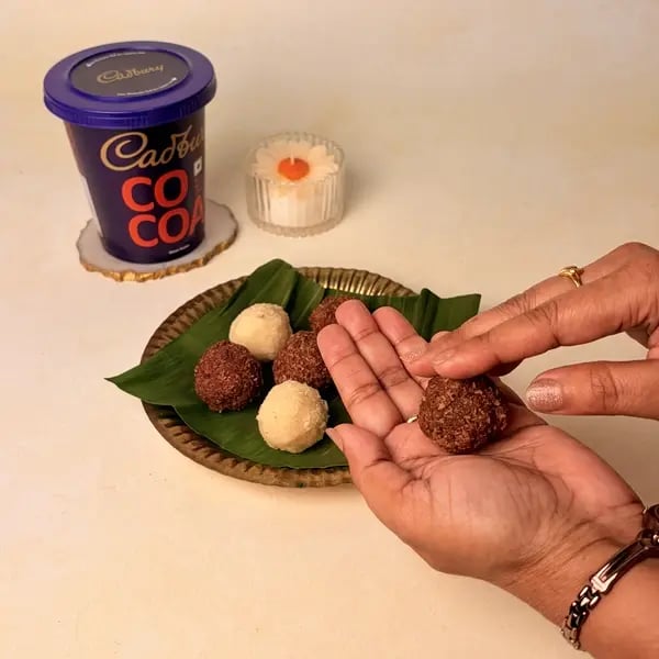 Narkel Naru With Cadbury Cocoa Powder: A Classic Bengali Coconutty Treat With A Chocolatey Twist - Rolling Coconut Laddus