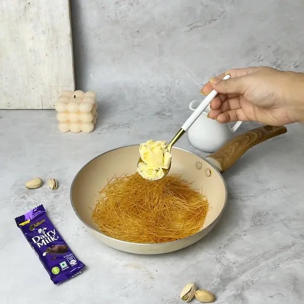 No-Bake Kunafa Dairymilk Cheesecake - Sautéing Kunafa Vermicelli