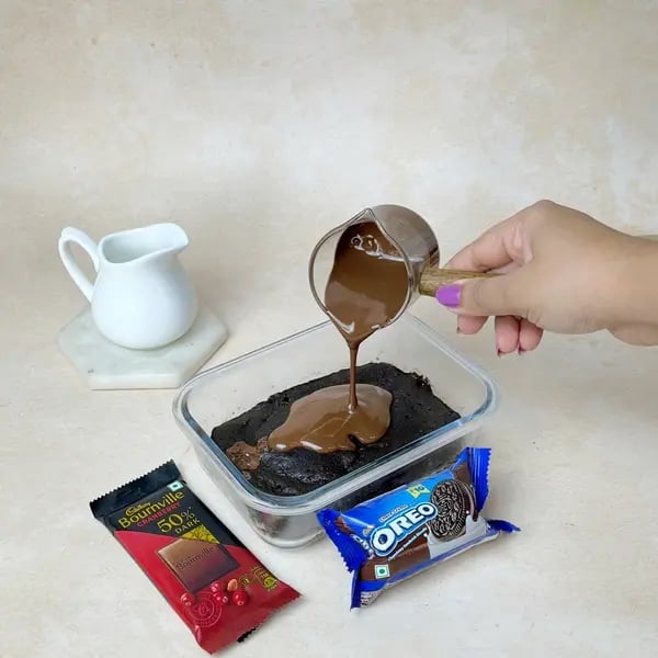 Oreo Bournville Matcha Lunchbox Cake - Pouring Melted Chocolate