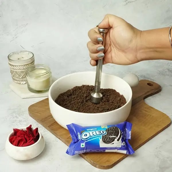 Oreo Diya Sweet For Diwali-Crumble the biscuits by hand
