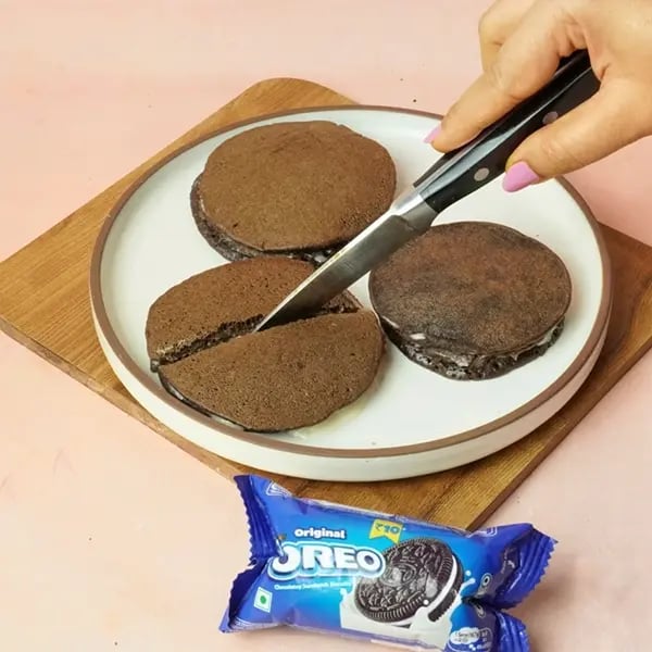 Oreo Dora Pancake-Cut a couple of the filled pancakes