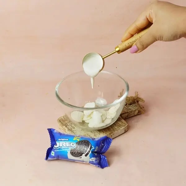 Oreo Dora Pancake-Add fresh cream to the bowl