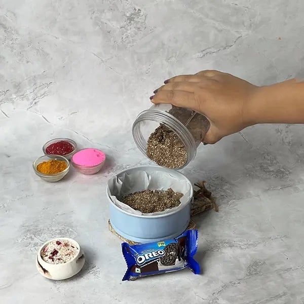 Oreo No-Bake Thandai Cheesecake-Transfer the crumbs