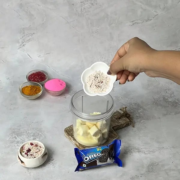 Oreo No-Bake Thandai Cheesecake-Add thandai powder mixture
