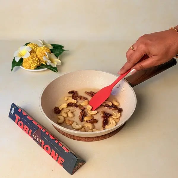 Rawa Kesari With Cadbury Toblerone For Onam - Roasting Cashews In Ghee