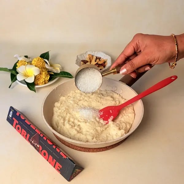 Rawa Kesari With Cadbury Toblerone For Onam - Mixing Sugar Rawa