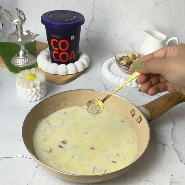 Royal Dry Fruit Halwa Recipe For Diwali Using Cadbury Cocoa Powder - Stirring Halwa Mixture