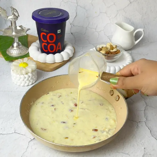 Royal Dry Fruit Halwa Recipe For Diwali Using Cadbury Cocoa Powder - Pouring Saffron Milk