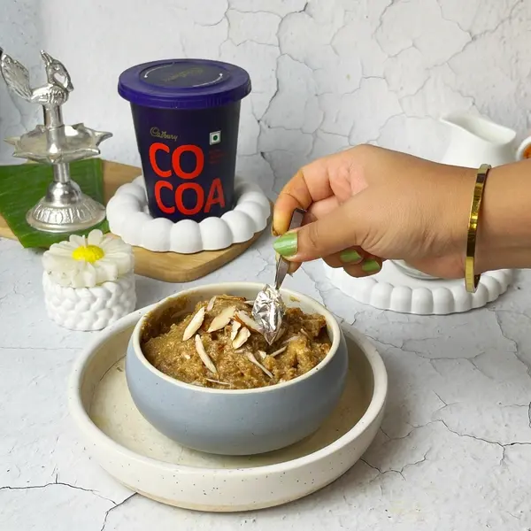 Royal Dry Fruit Halwa Recipe For Diwali Using Cadbury Cocoa Powder - Garnished Halwa Plate