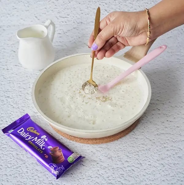 Sabudana Kheer Festive Dessert with Pistachios and Dairy Milk Chocolate Crunch-Sprinkle in half a teaspoon