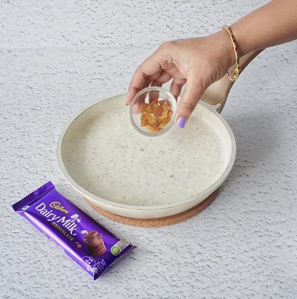 Sabudana Kheer Festive Dessert with Pistachios and Dairy Milk Chocolate Crunch-Optionally, add raisins to the kheer