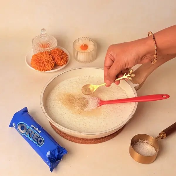Sabudana Kheer Tiramisu Cups: A Navratri Dessert With An Oreo Twist - Adding Sugar Cardamom