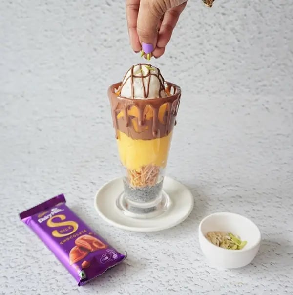 Silk Chocolate Mango Falooda with Sabja Seeds-Finally, garnish as desired—I've drizzled melted Silk chocolate