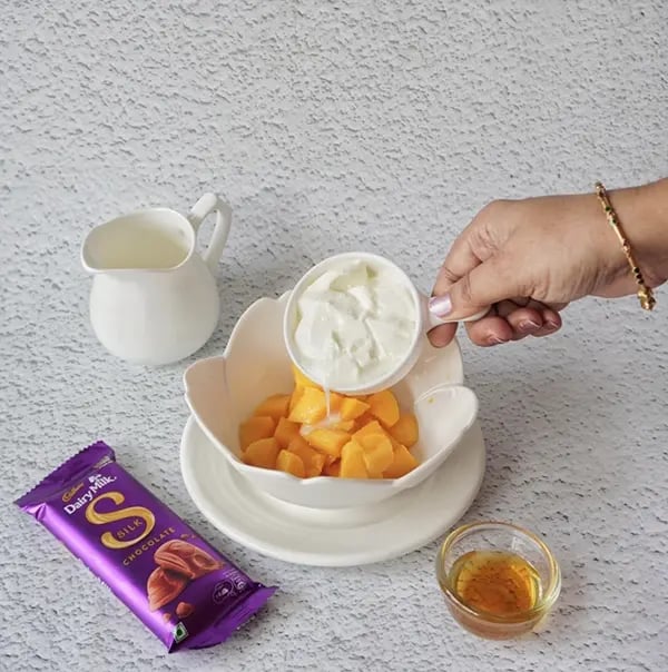 Silk Chocolate Mango Lassi Fusion-Pour in the chilled yogurt