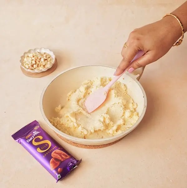Suji Ka Halwa with Cadbury Dairy Milk Silk-Stir and cook on low heat