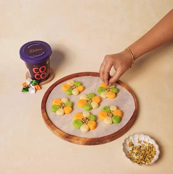 Tricolor Chocolate Flower Sondesh with Mawa and Pistachio for INDEPENDENCE DAY - Sprinkle finely chopped pistachios