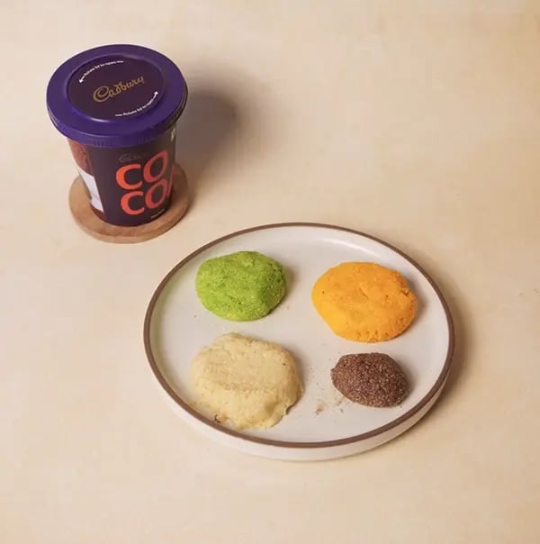 Tricolor Chocolate Flower Sondesh with Mawa and Pistachio for INDEPENDENCE DAY - Four colored Sondesh doughs are now ready for shaping