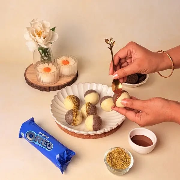 Two-In-One Malai Laddu With Oreo Twist For Navratri - Drizzling Melted Chocolate