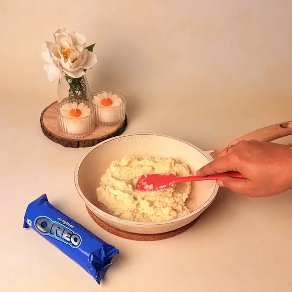 Two-In-One Malai Laddu With Oreo Twist For Navratri - Cooking Mixture Stirring